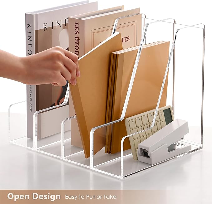 SANRUI 4 Pack Vertical File Holder, Acrylic Desk Organizer Magazine File Sorter for Magazines, Binders, Notebooks, Envelopes, Multi-purpose Clear Document Organizer Rack