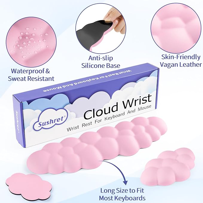 Sushret Cloud Wrist Rest Keyboard, Cloud Keyboard Wrist Pad Set with PU Leather Memory Foam, Cute Arm Rest for Palm Support, PC/Gaming Desk Accessories/Office Setup/Computer Hand Cushion - Pink