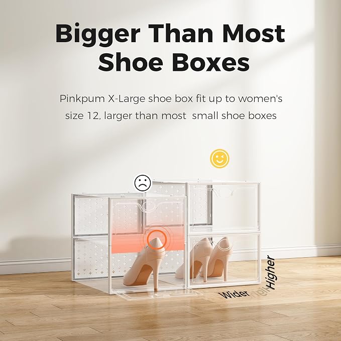 Pinkpum 12 Pcs XLarge Shoe & Sneaker Storage Organizer Box Clear Plastic Stackable Closet White