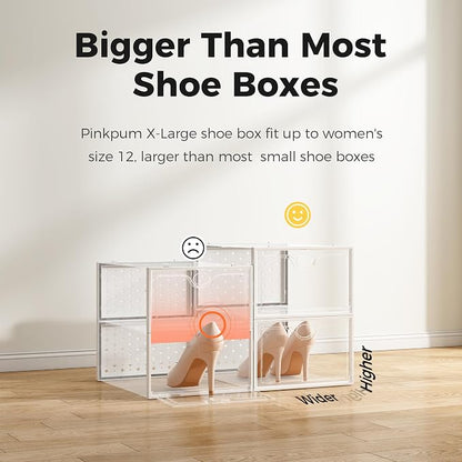 Pinkpum 15 Pack X-Large Shoe Storage Boxes Fit US Size 11, Shoe Organizer for Closet Clear Plastic Stackable Shoe Dispaly Case Holder Bins, Sneaker Storage for Sneakerheads White for Home and Family