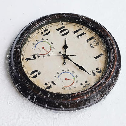 45MinST 13 Inch Red-Brown Vintage Waterproof Wall Clock with Thermometer & Hygrometer, Large Silent Numerals & Accurate Timekeeping for Indoor & Outdoor(Garden,Porch,Pool)
