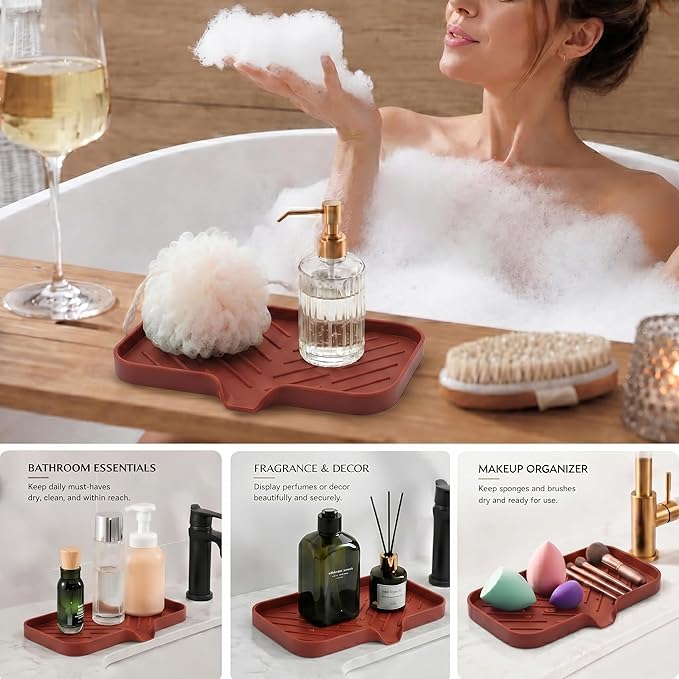 MicoYang Silicone Soap Dish with Drain Spout — Self-Draining Sink Organizer Tray for Bathroom & Kitchen, Sponges, Dispensers & Soap Holder, Non-Slip & Dishwasher Safe, Red (Medium, 9.6"×5.3")