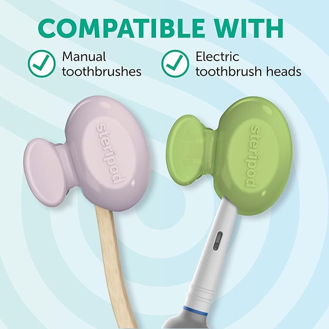Steripod Clip-on Toothbrush Protector, Green/Silver, 2 Count (Pack of 12)