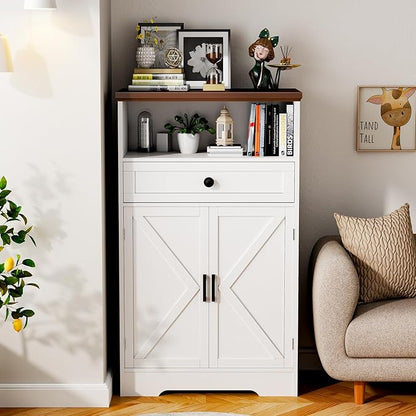 White Floor Cabinet, Farmhouse Storage Cabinet with Barn Doors and Drawer, Freestanding Adjustable Shelf Cabinets for Bathroom, Kitchen, Living Room