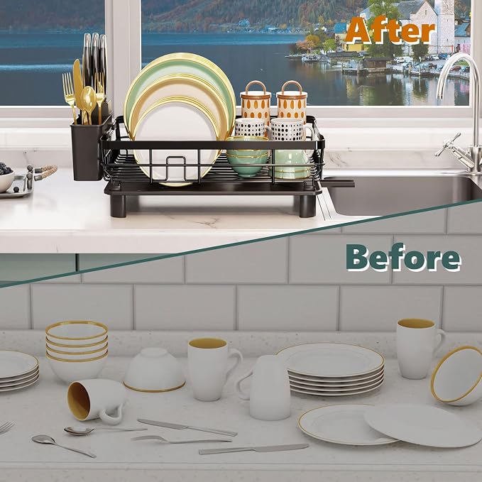 AIDERLY Metal Dish Drying Rack Automatic Drainage, Black, Large | Removable Cutlery Basket, Drainboard & Knife Slots, Dish Drainers, for Kitchen Counter Sink