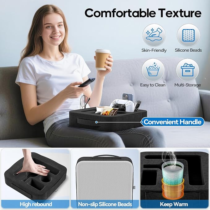 Couch Cup Holder Pillow, Sofa and Bed Caddy for iPad, Kindle, Switch, Game Controller, Remotes, Phones, Small-Sized Cup and Drink Holder for Couch, Bed, Desk, Car, Beach, Bathroom Cup Holder, Black