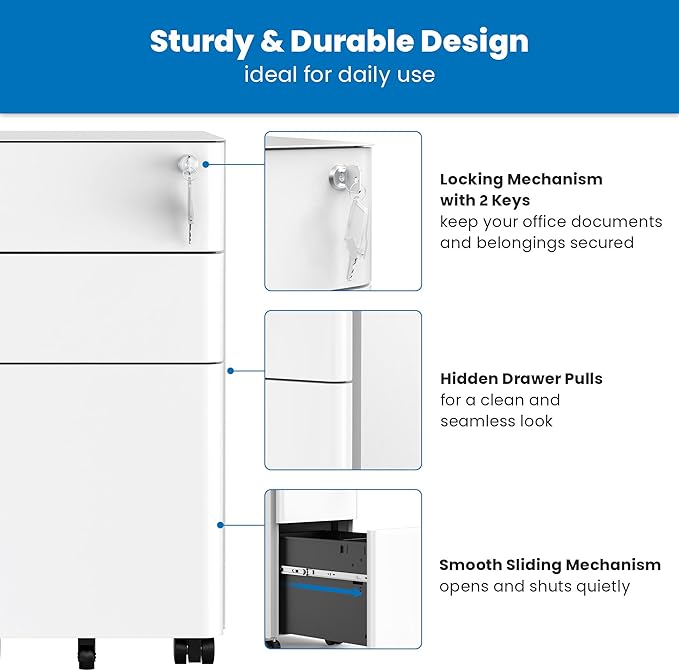 Mount-It! Slim Rolling File Cabinet, Under Desk Mobile Filing Cabinet with 3 Drawers and Lock, Steel Storage for Home Office and Small Business, White