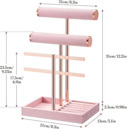 3 Tier Bracelet Holder Display - Detachable T Bar Pink Velvet Bracelet Holder, Jewelry Holder Organizer for Bracelet, Necklace, Earrings, Rings