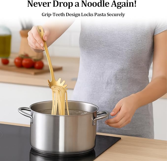 Stainless Steel Pasta Spoon with Teeth Pasta Server & Spaghetti Spoon with Drain Holes for Noodles, Pasta, Cooking & Serving (Gold)