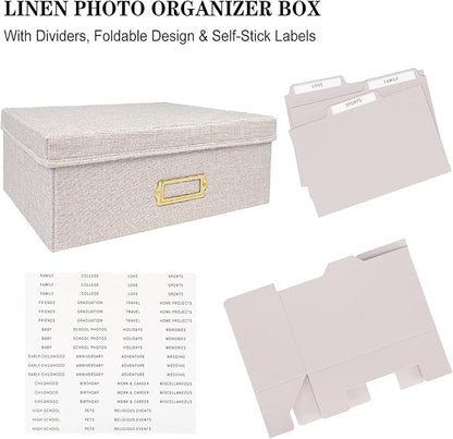 Sprsthai Linen Photo Storage Box – Holds 1700 Photos, 24 Adjustable Dividers & 72 Labels Multi-Use Organizer for Photos, Envelopes, Recipes Beige