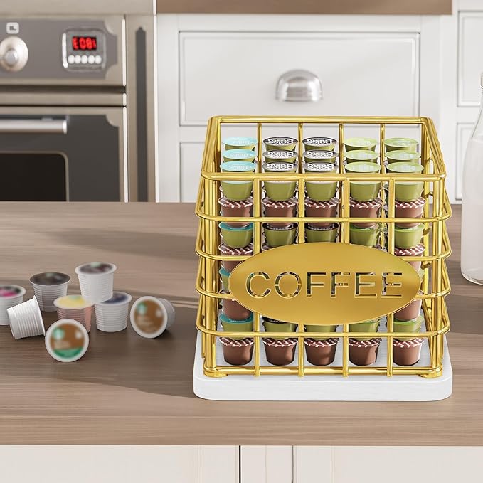 YATINEY Coffee Pod Holder for K Cup, Large Capacity Coffee Pod Organizer, Versatile Coffee Capsule Storage Basket with Wooden Base, Gold and White KH10DW