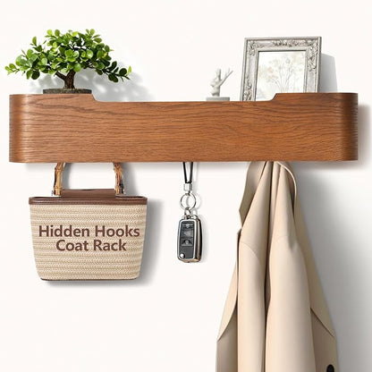 Coat Rack Wall Mount with Hidden Hooks Modern Key Holder Wood Entryway Hook with Shelf for Bedroom Kitchen Hallway Bathroom Designed for Hanging Coats Hats Bags Towel Dog Leashe(Walnut,5 Hooks)
