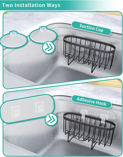 HapiRm Kitchen Sponge Holder for Sink - 2 Installation Methods Kitchen Sink Caddy Organizer with Unique M-Shaped, Rustproof Stainless Steel Sponge Caddy - Black（Large）