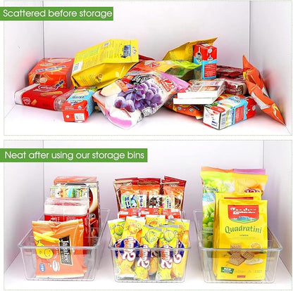 ZIZOTI Snack Organizer for Pantry Shelf, 4 Pack Clear Plastic Pantry Storage Bins with 3 Dividers for Snacks, Spices, Chips Food Organizer, Stackable Pantry Organizers for Kitchen, Fridge, Cabinet