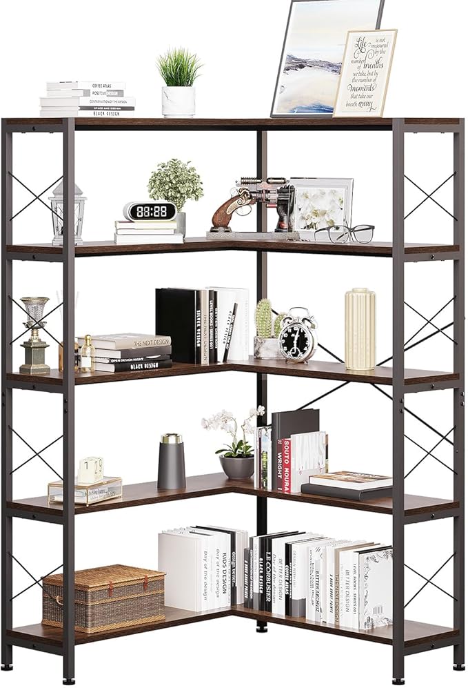 Jartoil Corner Bookshelves and Bookcases Industrial Corner Etagere Bookcase L Shaped Shelf 5-Tiers with Metal Frame for Living Room Home Office