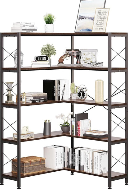 Jartoil Corner Bookshelves and Bookcases Industrial Corner Etagere Bookcase L Shaped Shelf 5-Tiers with Metal Frame for Living Room Home Office