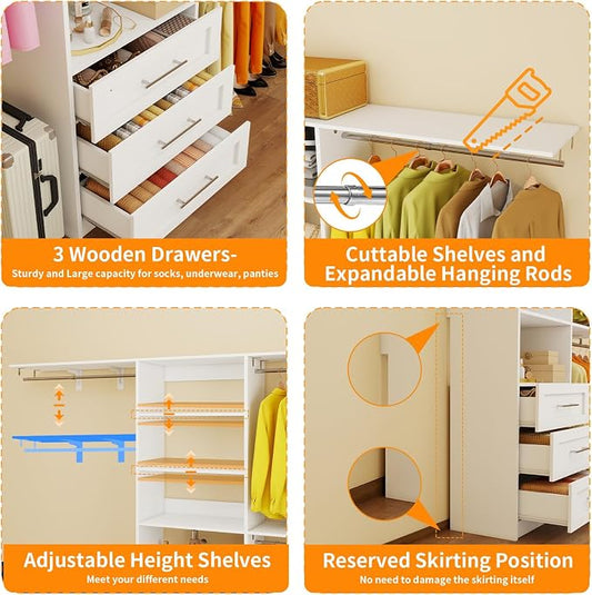 Closet System with 3 Wood Drawers, 5-8FT Closet Organizer System with Cuttable Shelves for Walk in Closet with 3 Expandable Hanging Rods, Heavy Duty Built-in Closet for Bedroom, White