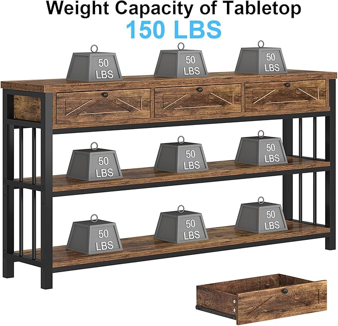 HSH Entryway Table with 3 Drawers, 55” Rustic Sofa Table with Storage Shelves, 3 Tier Console Table Behind Couch for Living Room, Farmhouse Wood Metal Entry Hallway Table for Entrance, Brown, 55 inch
