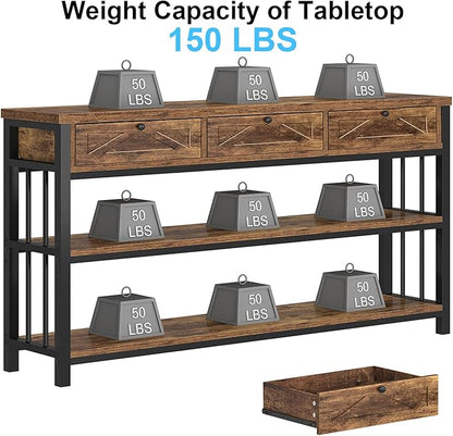 HSH Entryway Table with 3 Drawers, 55” Rustic Sofa Table with Storage Shelves, 3 Tier Console Table Behind Couch for Living Room, Farmhouse Wood Metal Entry Hallway Table for Entrance, Brown, 55 inch