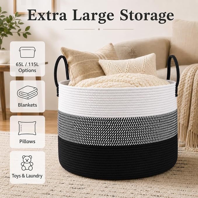JMvicyroam 115L Extra Large Blanket Basket for Living Room - Woven Cotton Rope Laundry Hamper with Reinforced Handles - Storage Bin for Pillows, Comforters & Toys - Machine Washable,White&Black Mix