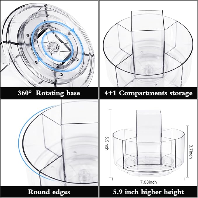 JIKIOU Acrylic Pen Holder, 360-Degree Rotating Pen Holder for Desk, Clear Desk Organizers and Accessories with 5 Compartments Pencil Organizer, Art Supply Storage Box Caddy for Office, Home