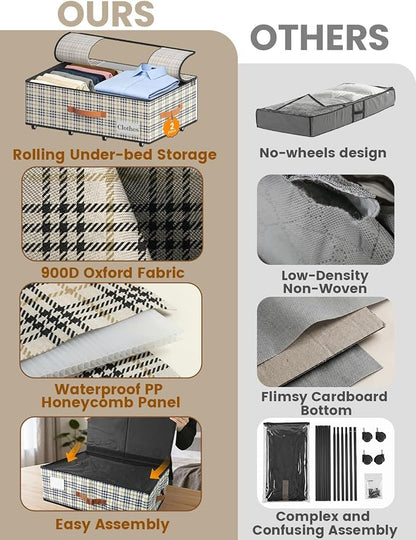 TOSKING 2-Pack Under Bed Storage Drawers with Wheels, 6 Vacuum Bags, Adjustable Height 7.9-10.2", 63L/80 lbs Clear Lid Rolling Bin, 900D Oxford, Space Saver for Dorm Bedroom Clothes Shoes, Houndstooth