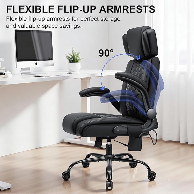 VANSPACE Executive Office Chair with Adjustable Lumbar Support and Headrest 440lbs Ergonomic Computer Chair Comfy High Back Swivel Rolling Office Chair with Flip-up Arms for Heavy People(Black)