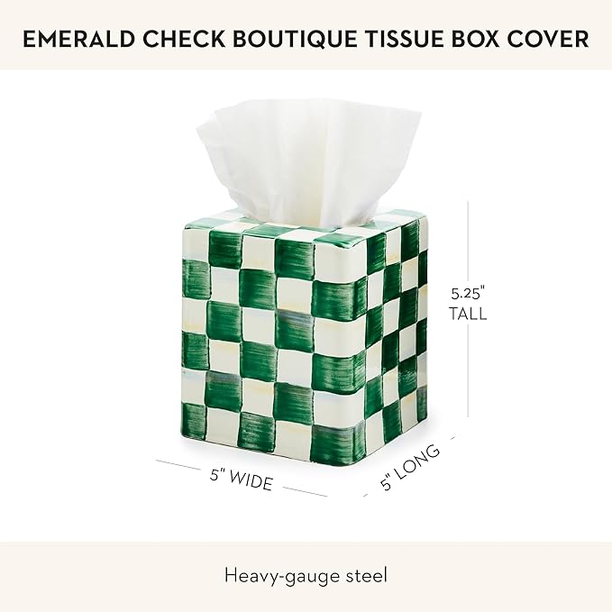 MACKENZIE-CHILDS Boutique Square Tissue-Box Cover, Tissue Holder for Home Decor, Green-and-White Emerald Check