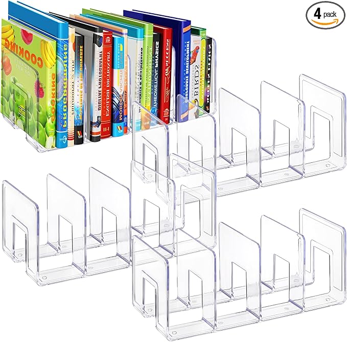 Lawei 4 Pack Acrylic File Sorter, 4-Section Clear Desktop File Folder Holder Organizer, Thick Office Storage Stand Rack for Book, Envelopes, Mail, Document, Notebook, Binder, Purse, Clutch Divider