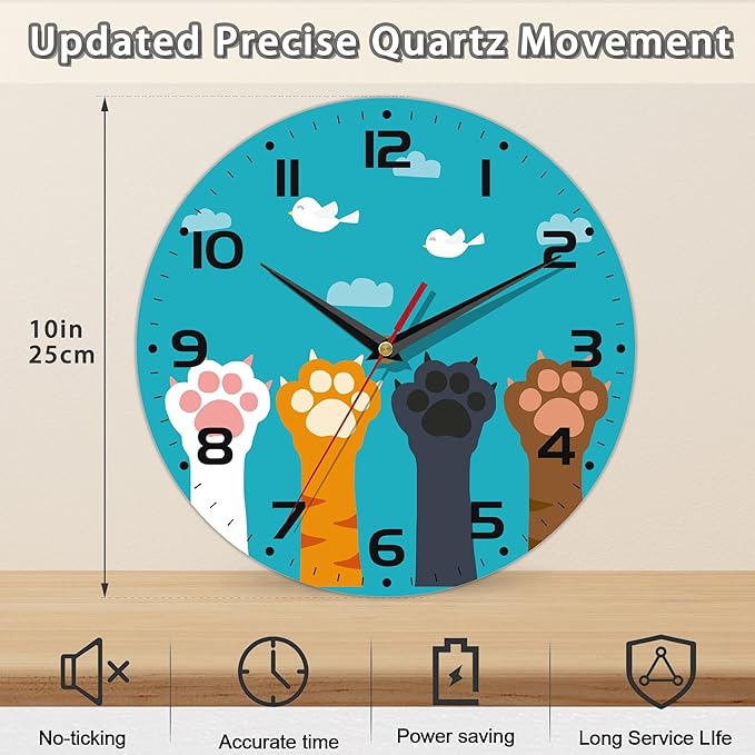 Cute Cat Paw Wall Clock - Vintage Wooden, Silent Non-Ticking, Battery Operated, Arabic Numerals - Decorative for Kitchen, Office, Classroom - 10 Inch