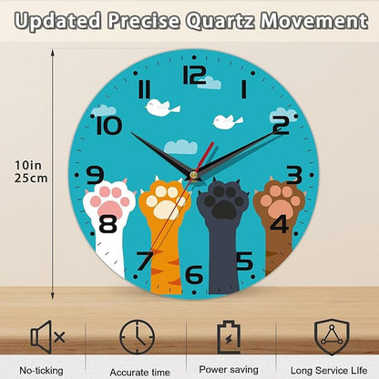Cute Cat Paw Wall Clock - Vintage Wooden, Silent Non-Ticking, Battery Operated, Arabic Numerals - Decorative for Kitchen, Office, Classroom - 10 Inch