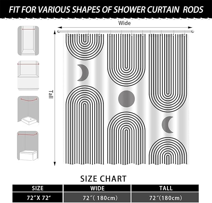 Boho Shower Curtains for Bathroom Mid Century Minimalist Abstract Aesthetic Modern Bathroom Decor Curtain Machine Washable Waterproof Fabric with 12 Hooks 72" W x 72" L