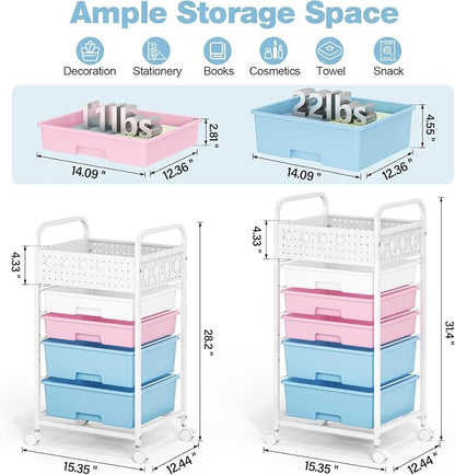 4 Drawer Rolling Storage Cart with Pegboard Top and Hooks, Mobile Organizer Cart with Wheels for Office Supplies, Craft Storage, Classroom Organization, Home Utility Cart, Pink&Blue