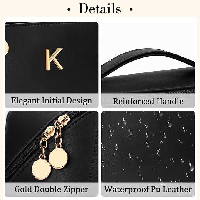 Valentines Day Gifts for Women Teen Girl, Personalized Initial Makeup Organizer Bag Set, Open Flat Travel Cosmetic Bag With Clear Divider and Handle(Black,K)