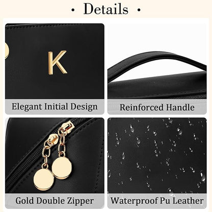 Valentines Day Gifts for Women Teen Girl, Personalized Initial Makeup Organizer Bag Set, Open Flat Travel Cosmetic Bag With Clear Divider and Handle(Black,K)