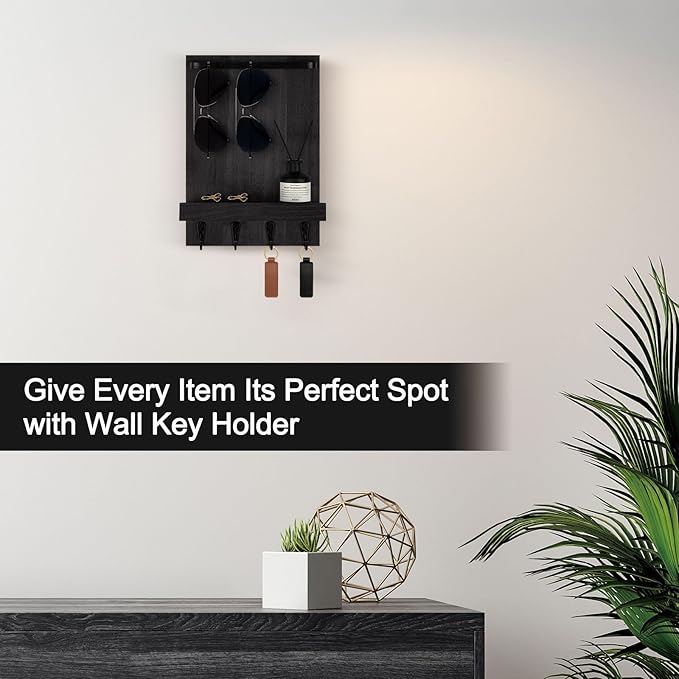 Key Holder Wall Mount, Key Holder for Wall with 4 Hooks, Farmhouse Key Hanger Holds Dog Leash, Sunglasses – Decorative Mail Organizer Home Decor (Black)