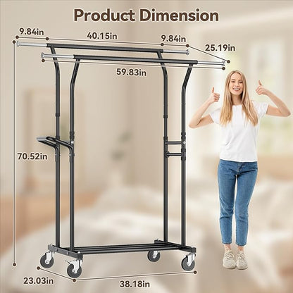 800LBS Heavy Duty Clothes Rack: Rolling Clothing Rack for Hanging Coat Double Rods Portable Wardrobe Garment Racks with Wheels Shelf Sturdy Metal Adjustable Bedroom Laundry Living Room