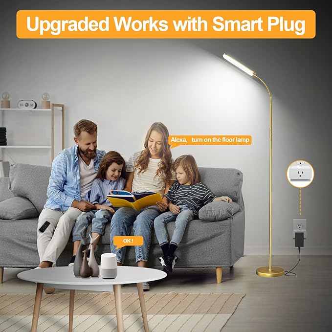 Gold Floor Lamp, 18W 1800LM Bright LED Floor Lamps for Living Room Bedroom, Dimmable Timing Eye Caring Reading Standing Lamp with Remote & Works with Smart Plug