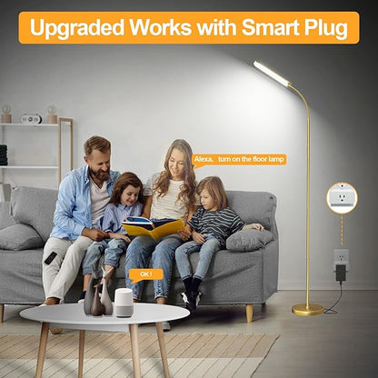 Gold Floor Lamp, 18W 1800LM Bright LED Floor Lamps for Living Room Bedroom, Dimmable Timing Eye Caring Reading Standing Lamp with Remote & Works with Smart Plug