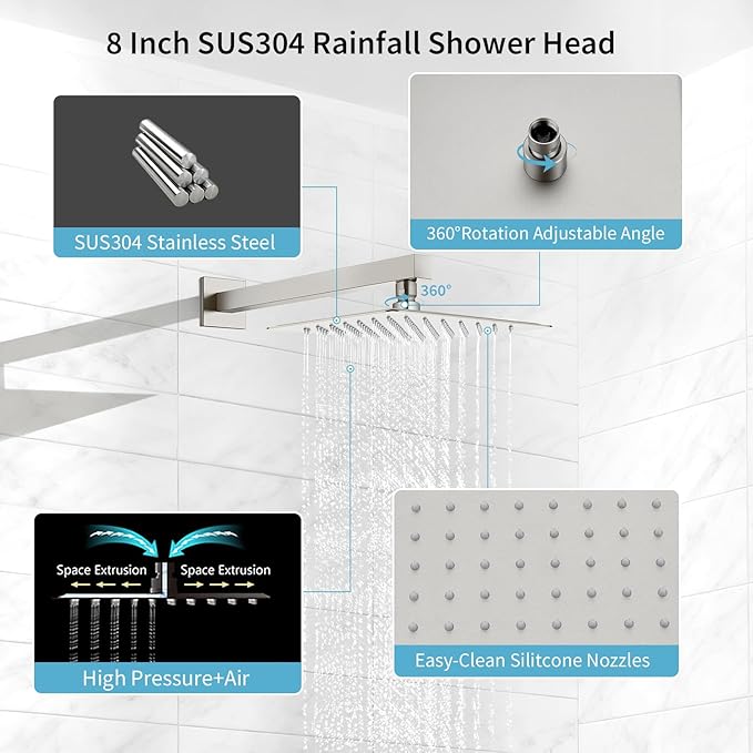 Shower Faucet Set Rainfall Shower System with Square Showerhead and Handle Set Fixture with 2 in 1 Function Handheld Sprayer Wall Mounted Trim Repair Kit Rough-in Valve 8 Inch Brushed Nickel