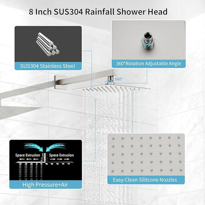 Shower Faucet Set Rainfall Shower System with Square Showerhead and Handle Set Fixture with 2 in 1 Function Handheld Sprayer Wall Mounted Trim Repair Kit Rough-in Valve 8 Inch Brushed Nickel