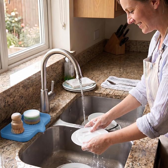 MicoYang Silicone Soap Dish with Drain Spout — Self-Draining Sink Organizer Tray for Bathroom & Kitchen, Sponges, Dispensers & Soap Holder, Non-Slip & Dishwasher Safe, Lichen Blue (Medium, 9.6"×5.3")