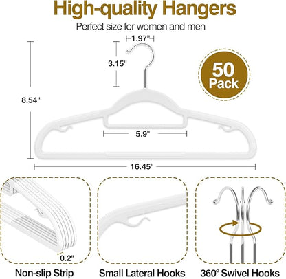 Plastic Hangers 50 Pack, 16.5 in Heavy Duty Clothes Hangers with 360° Swivel Hook, Non-Slip Bar & 0.2" Ultra-Slim Space-Saving Closet Organizers for Coats, Pants, Suits, Shirts, White