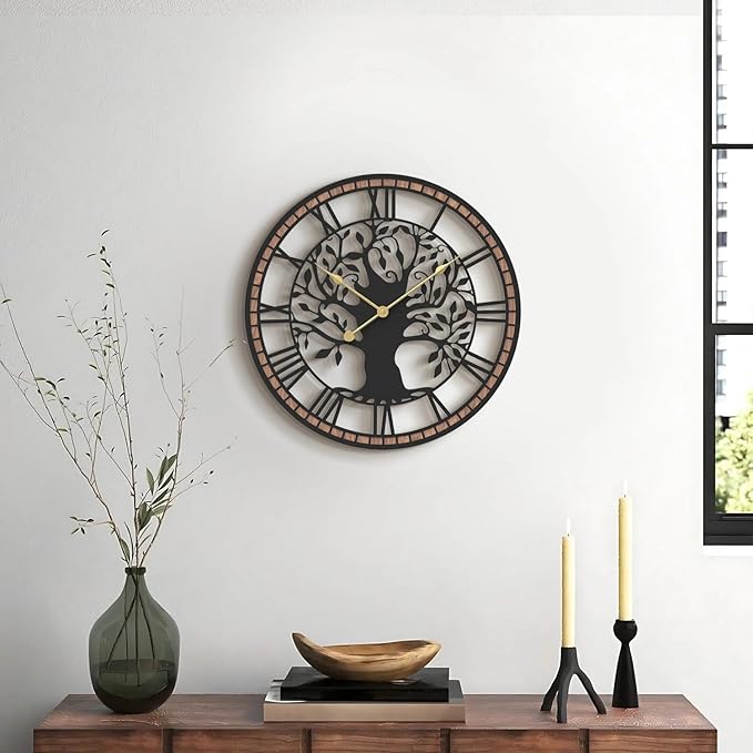 Micasso Non-Ticking Large Wall Clock: 21Inch Tree of Life Metal Black with Solid Wood Frame - Battery Operated Silent Clock for Living Room/Office/Bedroom/Kitchen - Home Decor for Trendy Fashionistas