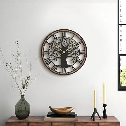 Micasso Non-Ticking Large Wall Clock: 15Inch Tree of Life Metal Black with Solid Wood Frame - Battery Operated Silent Clock for Living Room/Office/Bedroom/Kitchen - Home Decor for Teen