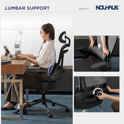 Nouhaus Ergo Fit Ergonomic Mesh Office Chair High Back Adjustable Lumbar Support Headrest and Adjustable Flip-up Armrests, Comfy Desk Chairs Swivel Computer Gaming Chair Tilt Function(N20, Black)