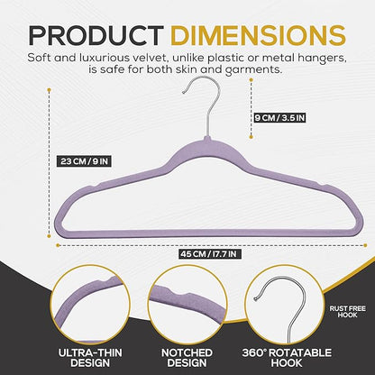 Premium Velvet Hangers 50 Pack Ultra Thin Non Slip Adult Felt Space Saving Suit Hanger for Closet Heavy Duty Coat Pants Jackets Dress Hangers 360° Swivel Hook Hold Upto 10 lbs Purple Hangers
