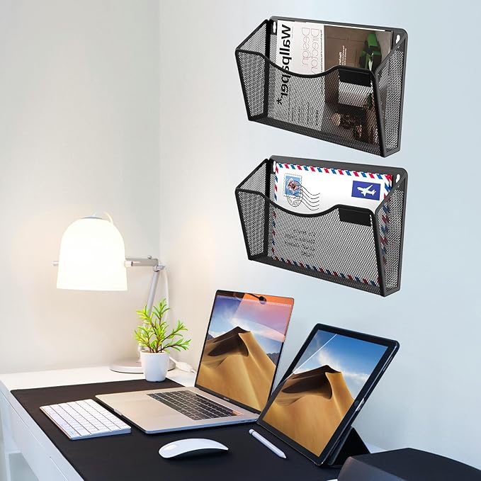 3 Pack Wall File Organizer, Mesh Hanging Metal Vertical Wall Mounted File Holder for Office/Home