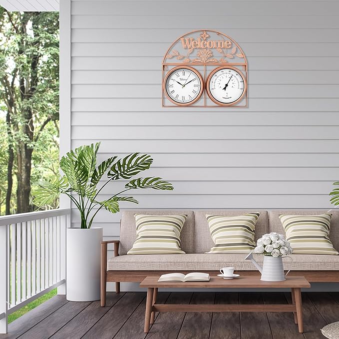 17Inch Large Outdoor Clock,Waterproof Wall Clock with Thermometer,Weatherproof Non-Ticking Quartz Battery Operated Decor Clock for Patio,Garden,Pool,Porch,House Warming Gifts