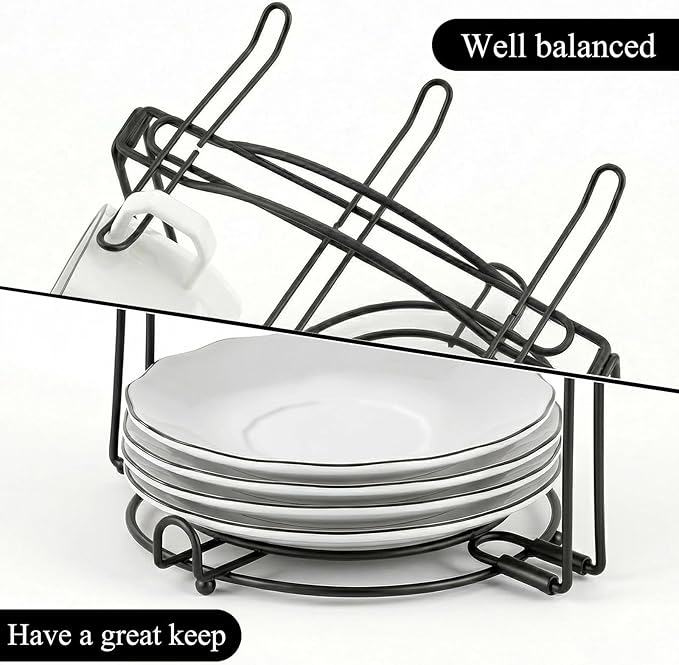 YOLIFE Tea Cup Holder for Countertop, Metal Cup and Saucer Display Stand, Foldable Tea Station Organizer, Espresso Coffee Cups Rack for Home or Bar Decor